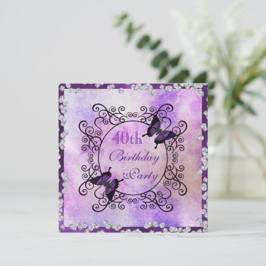 Paarse Butterflies & Diamonds 40e verjaardag Kaart (Staand voorkant)