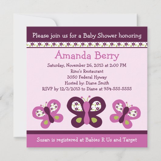 Paarse butterflies en Flow Baby shower Invitation Kaart (Voorkant)