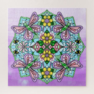 Paarse Butterflies Flowers and Bees Mandala Legpuzzel