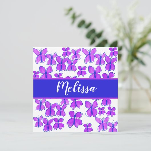 Paarse Butterflies Gepersonaliseerde Waterverf Bedankkaart (Staand voorkant)