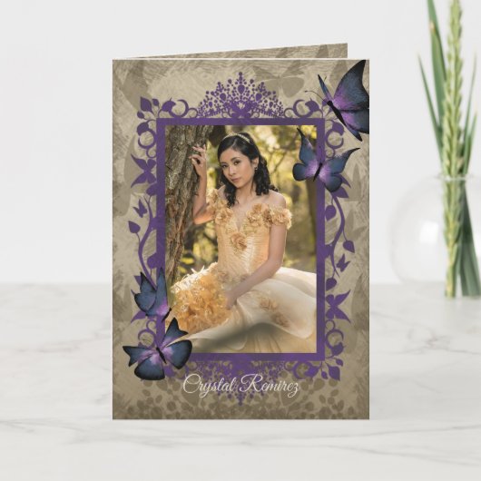 Paarse  Butterflies Quinceanera Uitnodiging (Voorkant)