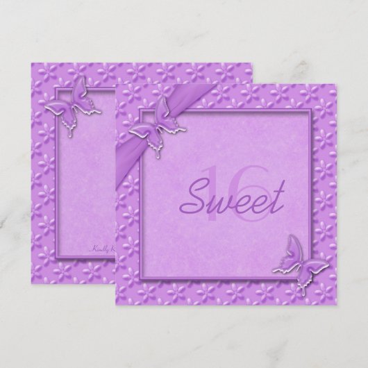 Paarse Butterflies Sweet Sixteen Uitnodiging (Voorkant / Achterkant)