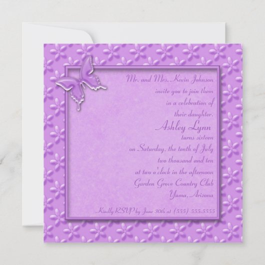 Paarse Butterflies Sweet Sixteen Uitnodiging (Achterkant)