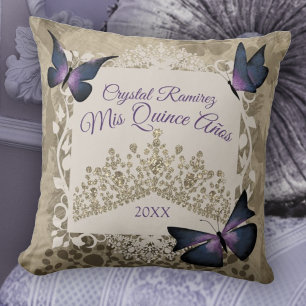 Paarse Butterflies, Taupe Tiara Quinceanera Pillow Kussen