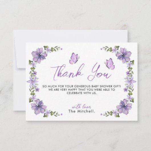 Paarse Butterflies Waterverf Wilde bloem Dank u we Bedankkaart (Voorkant)