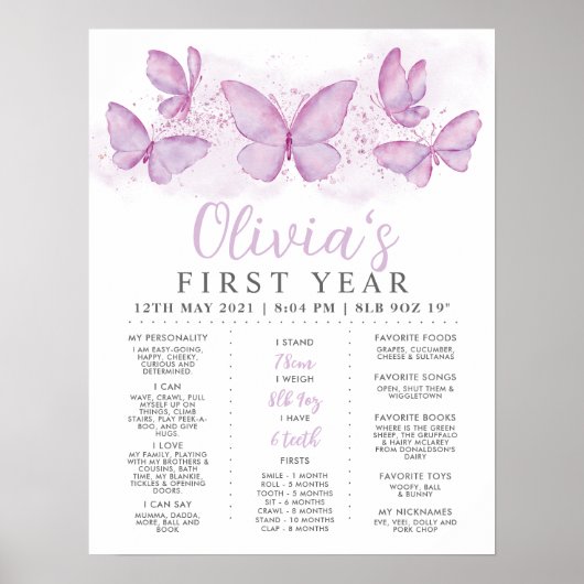 Paarse Butterfly 1st Birthday Milestone Poster (Voorkant)
