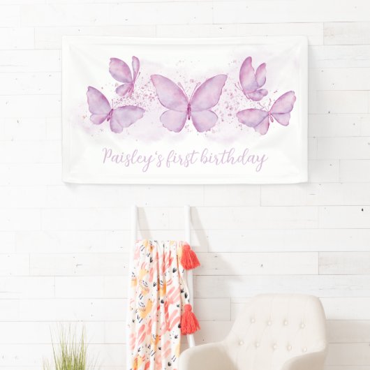 Paarse Butterfly 1st Birthday Party Banner Girl (Insitu)