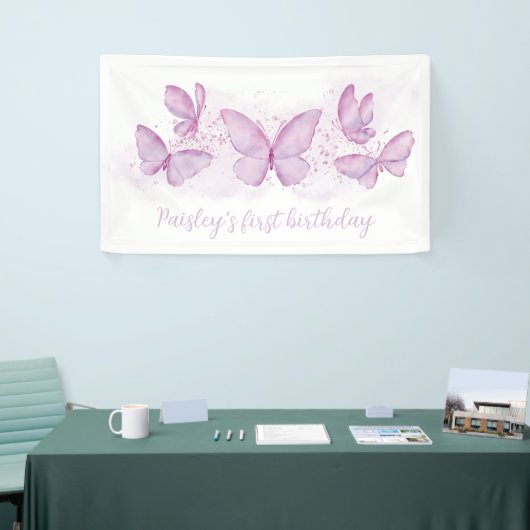 Paarse Butterfly 1st Birthday Party Banner Girl (Beurs)