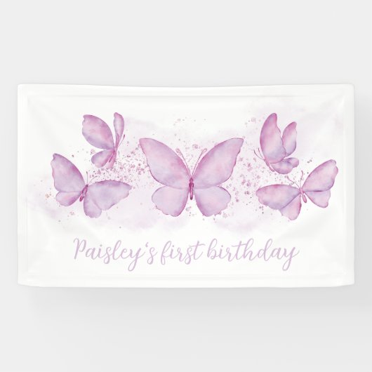 Paarse Butterfly 1st Birthday Party Banner Girl (Horizontaal)