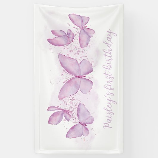 Paarse Butterfly 1st Birthday Party Banner Girl (Verticaal)
