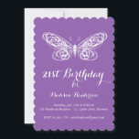 Paarse Butterfly 21st Birthday Uitnodiging<br><div class="desc">Fancy linttype en een handgeschetst vlinderaccent op deze verjaardagsuitnodiging.</div>