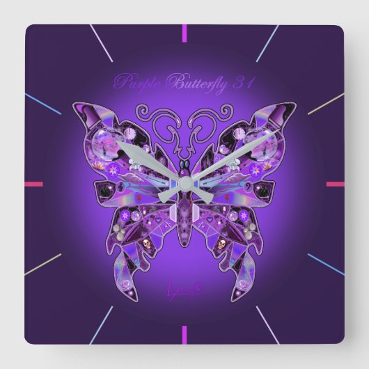 Paarse Butterfly 31 Vierkante Klok (Voorkant)