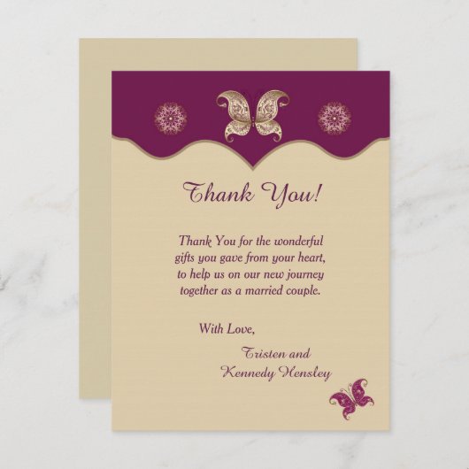 Paarse Butterfly 4x5 Flat Wedding Dank u kaart (Voorkant / Achterkant)