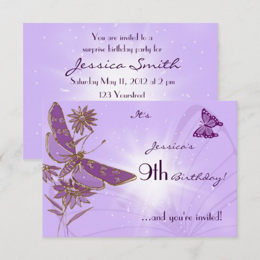 Paarse Butterfly Birthday RSVP Uitnodiging Kaart (Voorkant / Achterkant)