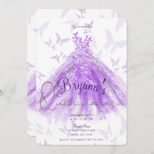 Paarse Butterfly Dance Dress Silver Quinceañera 15 Kaart (Voorkant / Achterkant)