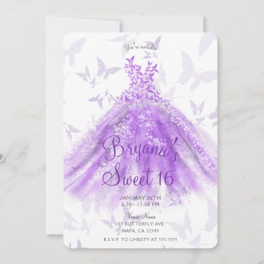 Paarse Butterfly Dance Dress Sweet 16 Party Kaart (Voorkant)