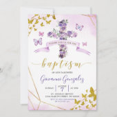 Paarse Butterfly en Floral Baptism Invitation Kaart (Voorkant)