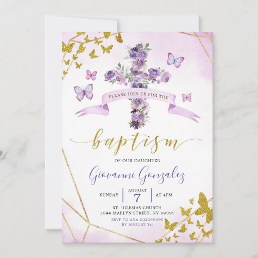 Paarse Butterfly en Floral Baptism Invitation Kaart (Voorkant)