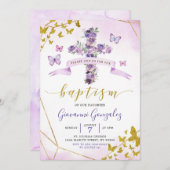 Paarse Butterfly en Floral Baptism Invitation Kaart (Voorkant / Achterkant)