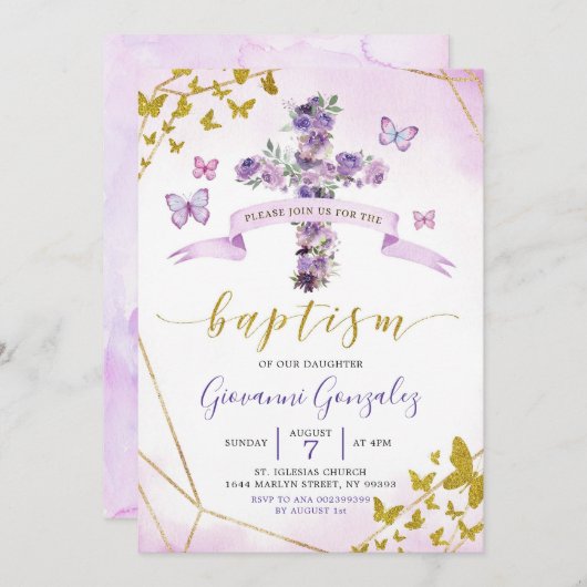 Paarse Butterfly en Floral Baptism Invitation Kaart (Voorkant / Achterkant)