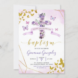 Paarse Butterfly en Floral Baptism Invitation Kaart