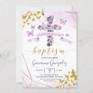 Paarse Butterfly en Floral Baptism Invitation Kaart