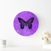 Paarse Butterfly Faux Violet Girly Glitter Grote Klok (Huis)