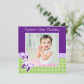 Paarse Butterfly Green Polka Dot Birthday Foto Kaart (Staand voorkant)
