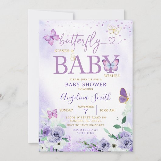 Paarse Butterfly Kisses and Baby Wishes Invitation Kaart (Voorkant)
