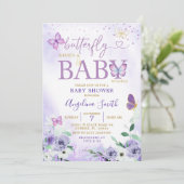 Paarse Butterfly Kisses and Baby Wishes Invitation Kaart (Staand voorkant)
