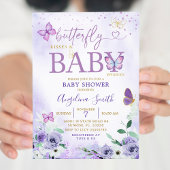 Paarse Butterfly Kisses and Baby Wishes Invitation Kaart