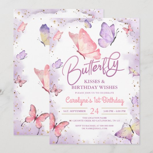 Paarse Butterfly Kisses en Birthday Wishes Kaart (Voorkant / Achterkant)