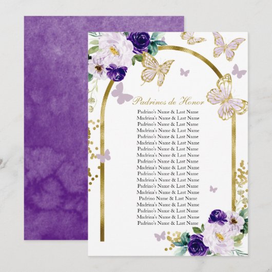 Paarse Butterfly Quinceanera Padrinos de Honor Kaart (Voorkant / Achterkant)