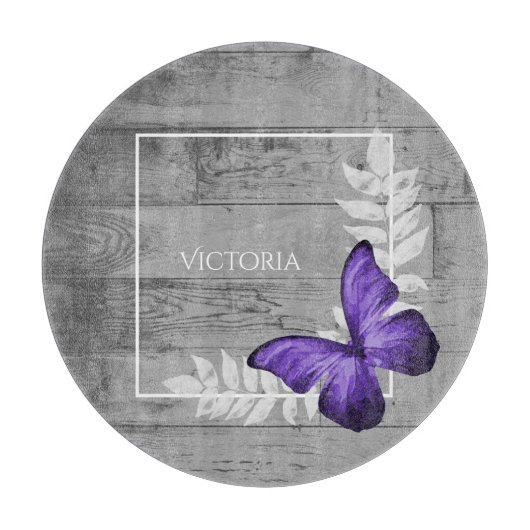 Paarse Butterfly Rustic Personalized Cutting Board Snijplank (Voorkant)