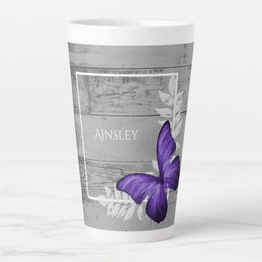 Paarse Butterfly Rustic Personalized Latte Mok (Voorkant)