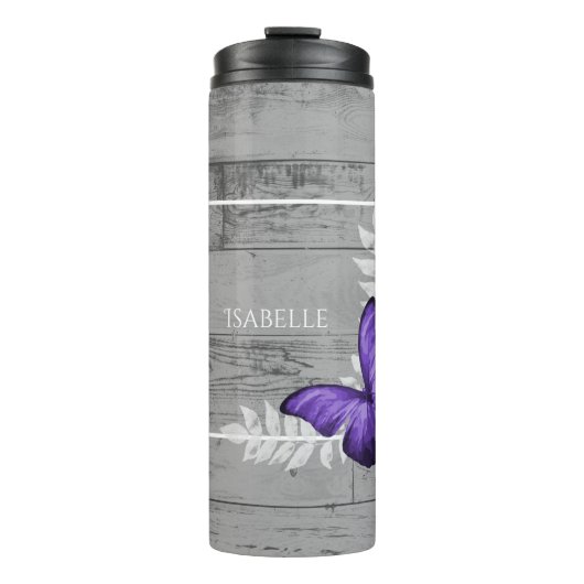 Paarse Butterfly Rustic Personalized Thermosbeker (Voorkant)