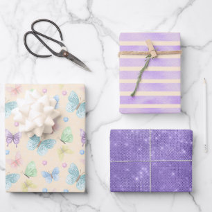 Paarse Butterfly Stripe Metallic Gift Inpakpapier Vel