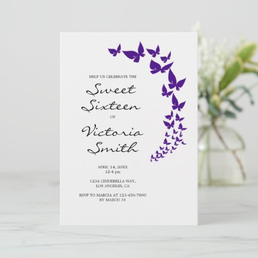 Paarse Butterfly Sweet 16 Uitnodiging (Staand voorkant)