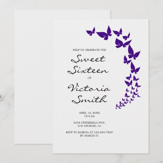 Paarse Butterfly Sweet 16 Uitnodiging (Voorkant / Achterkant)