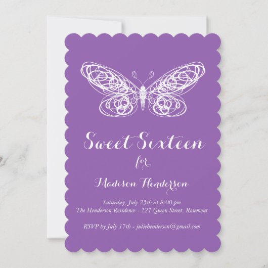 Paarse Butterfly Sweet Sixteen Uitnodiging (Voorkant)