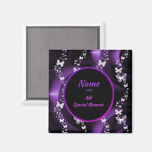 Paarse Butterfly Swirl, Voeg naam en datum toe Magneet (Voorkant / Achterkant)