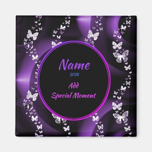 Paarse Butterfly Swirl, Voeg naam en datum toe Magneet (Voorkant)