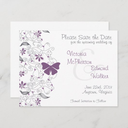 Paarse Butterfly Whimsy sparen de Datum aankondigi Save The Date (Voorkant / Achterkant)