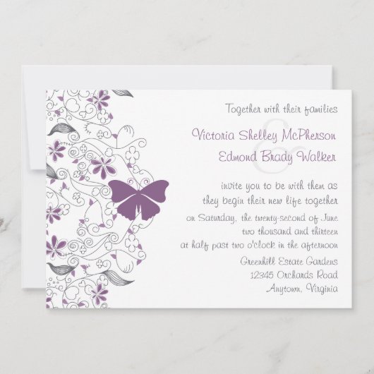 Paarse Butterfly Whimsy Wedding Invitation Kaart (Voorkant)