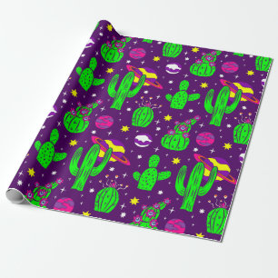 paarse cactus woestijn buitenaardse planeten ruimt cadeaupapier