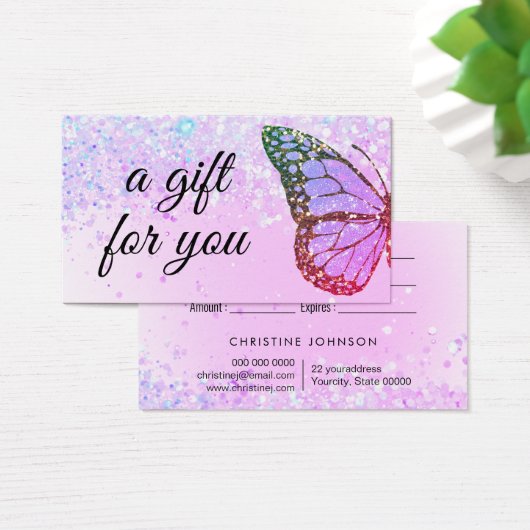 paarse cadeaukaart voor glitter vlinder visitekaartje (Bureau)