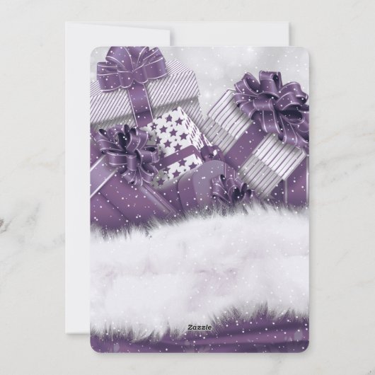 Paarse  cadeautjes met sneeuwfotokerstkaarten feestdagenkaart (Achterkant)