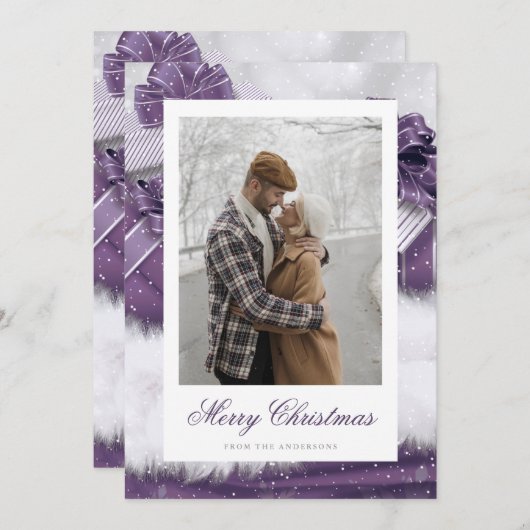 Paarse  cadeautjes met sneeuwfotokerstkaarten feestdagenkaart (Voorkant / Achterkant)