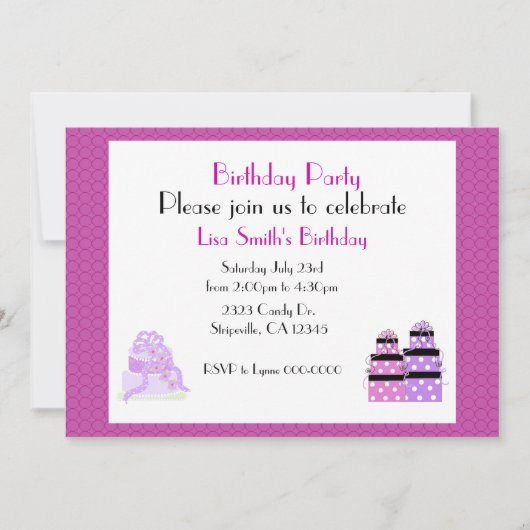 Paarse Cake en Cadeaus Birthday Party Invitation Kaart (Voorkant)