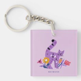 Paarse Calico Cat & Matisse Flowers Sleutelhanger